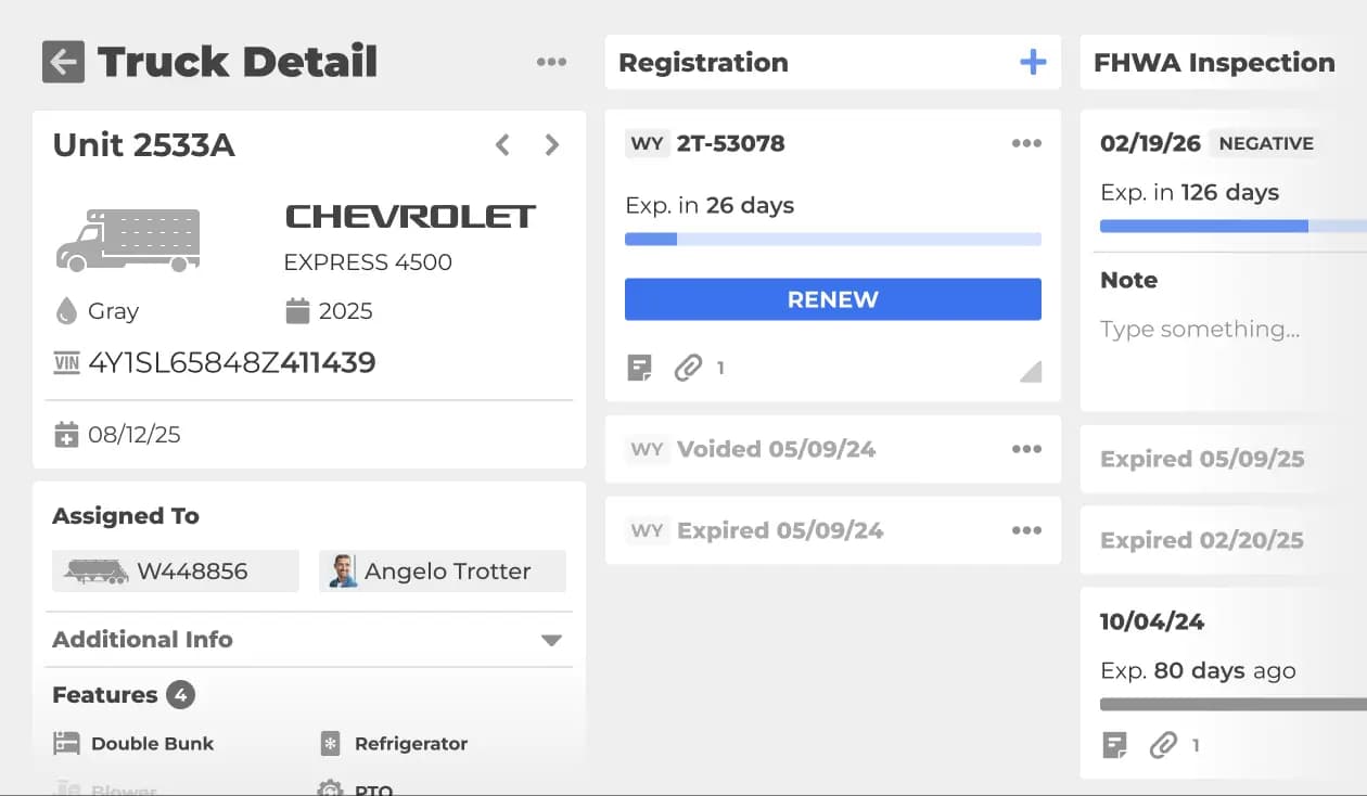 Truck and trailer equipment records with registration tracking and fleet maintenance management.