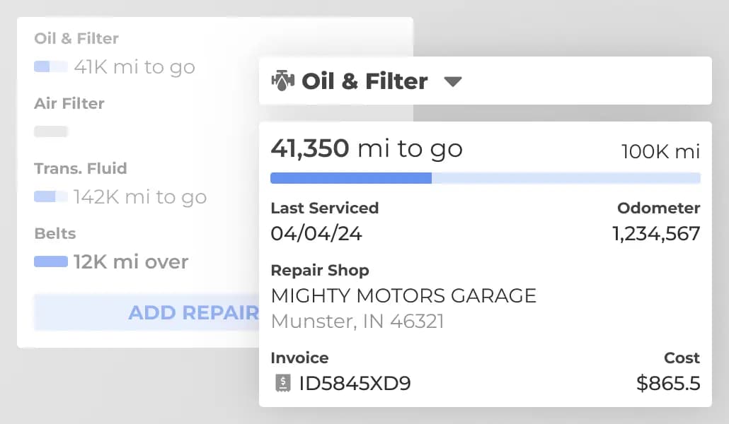 Fleet maintenance tracker showing service intervals and repair records.