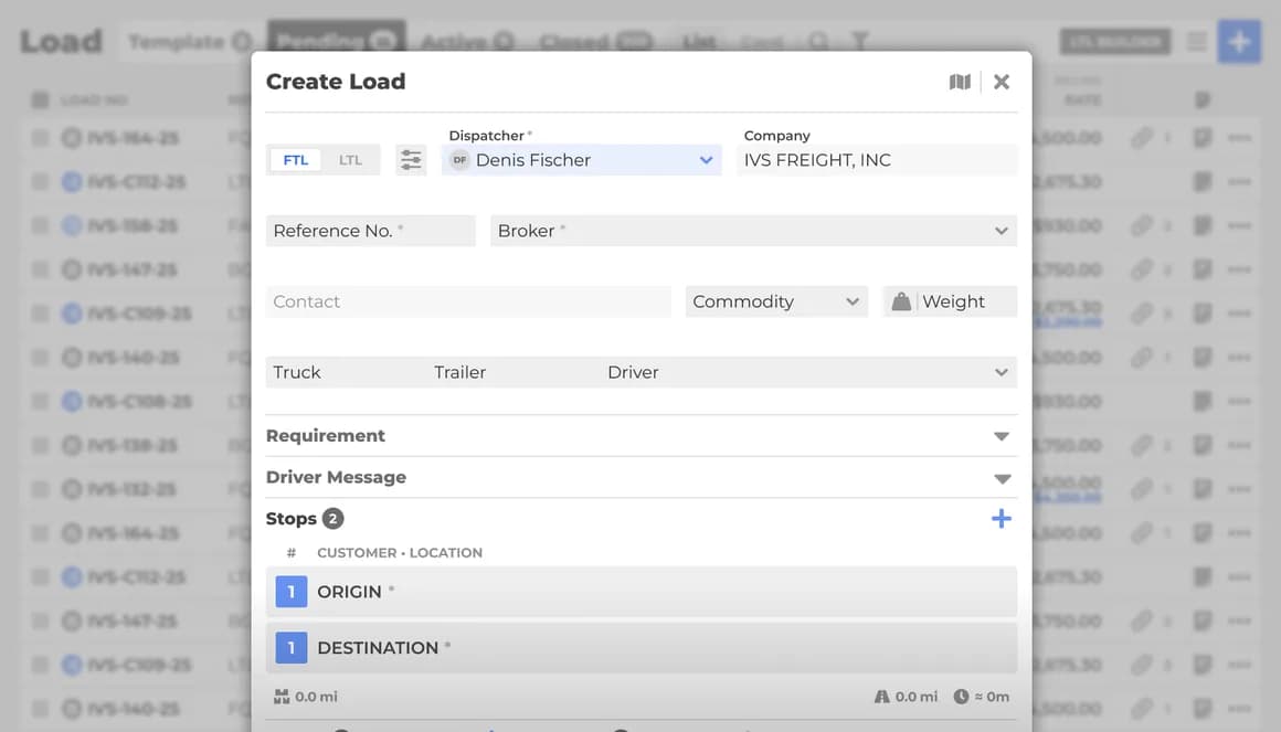 Create Load form for routing and load optimization in Carrier