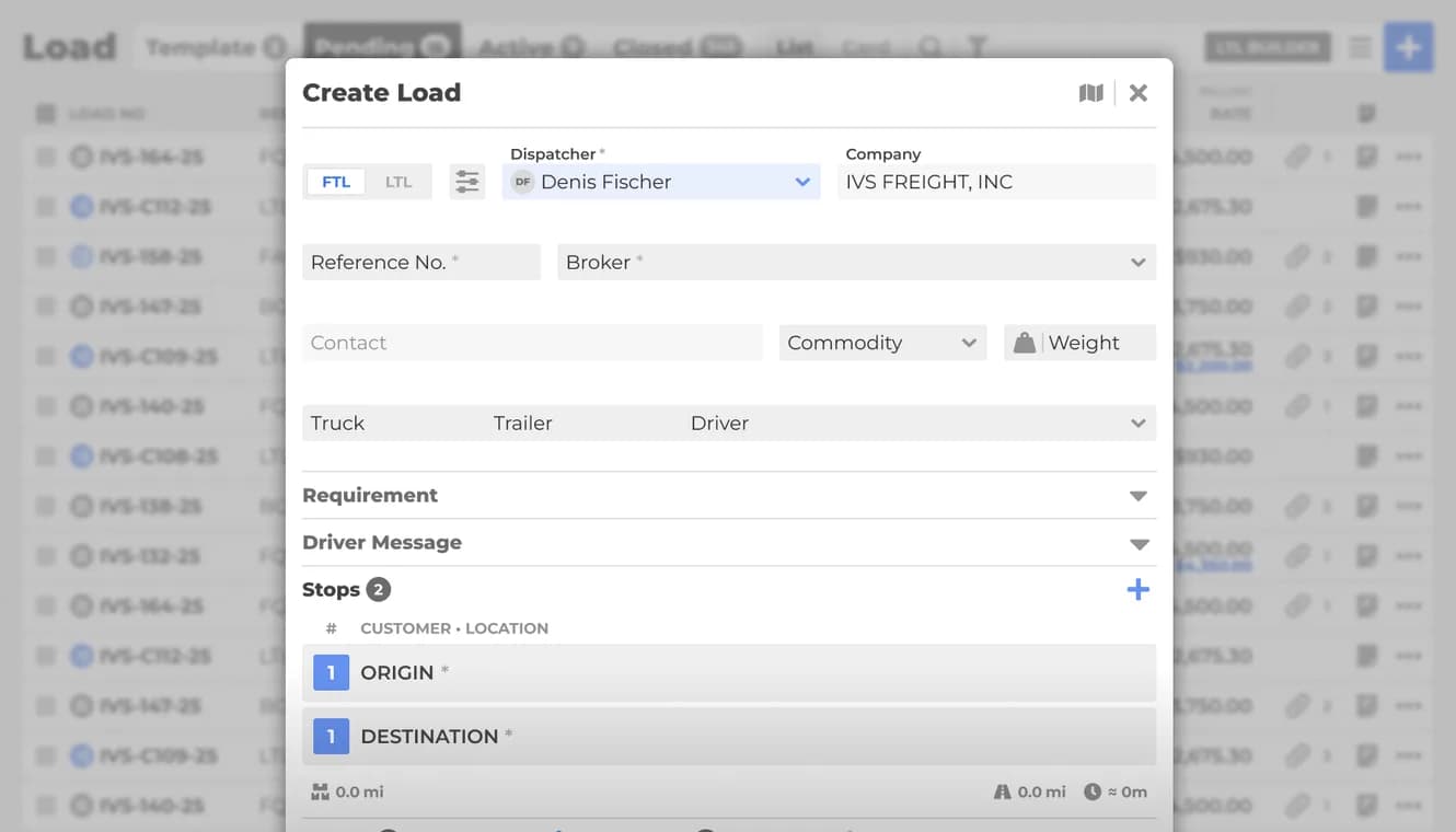 Create Load form for routing and load optimization in Carrier