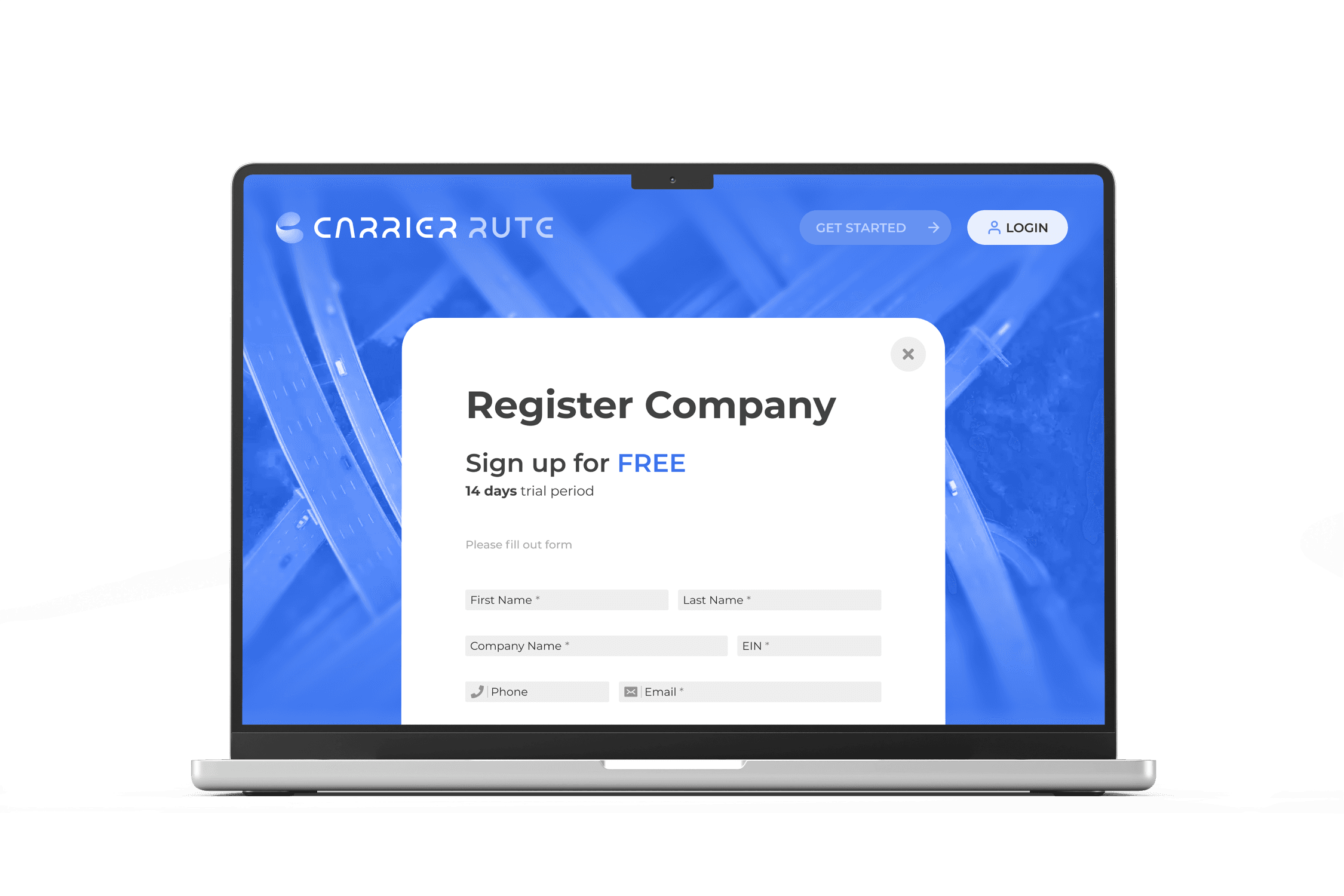 Carrier Rute register company screen on laptop preview