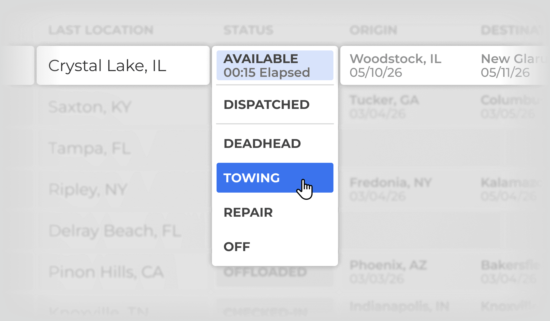 Load status dropdown with towing and availability options