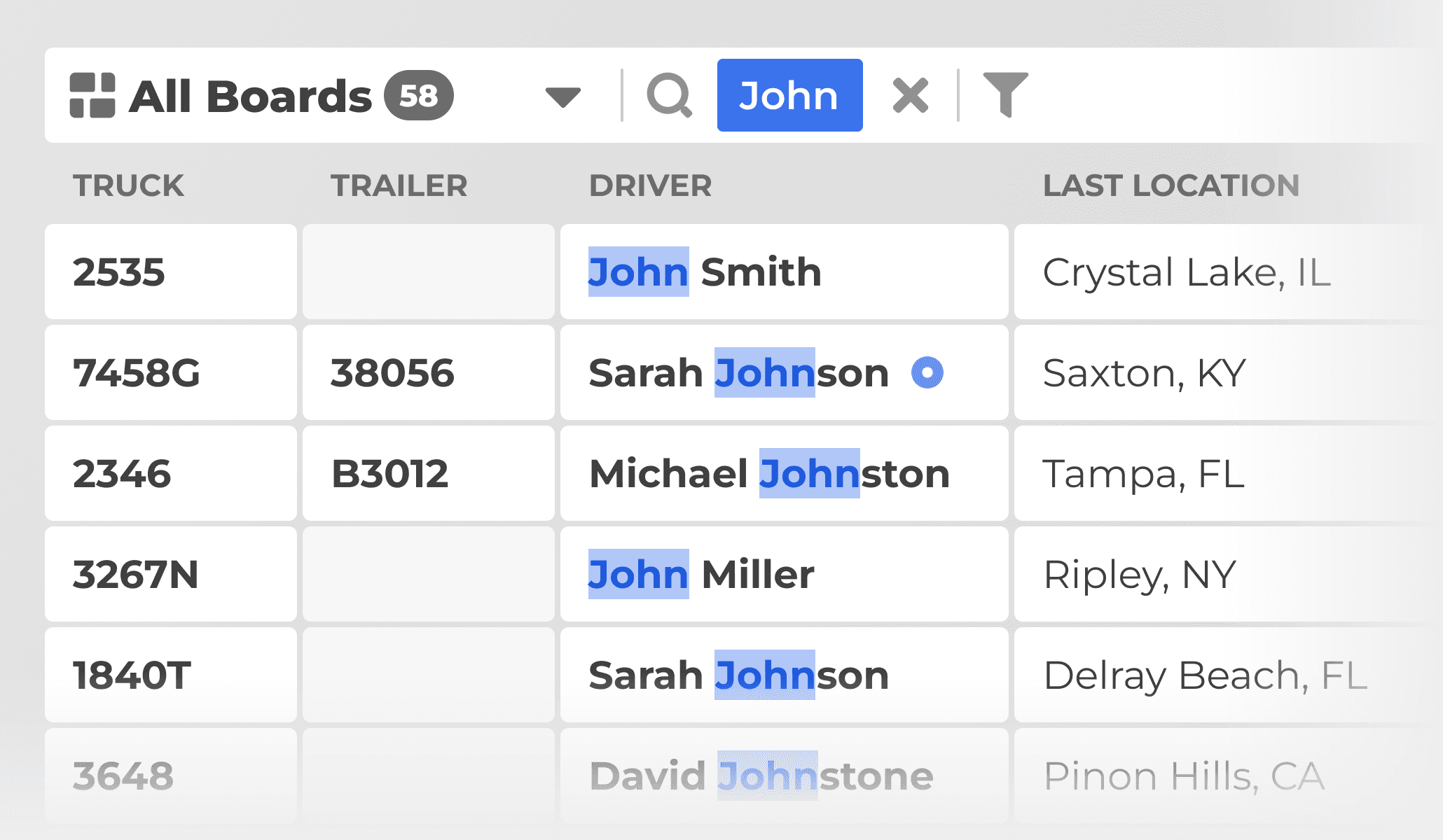 Dispatch board search filtering drivers by name across all boards