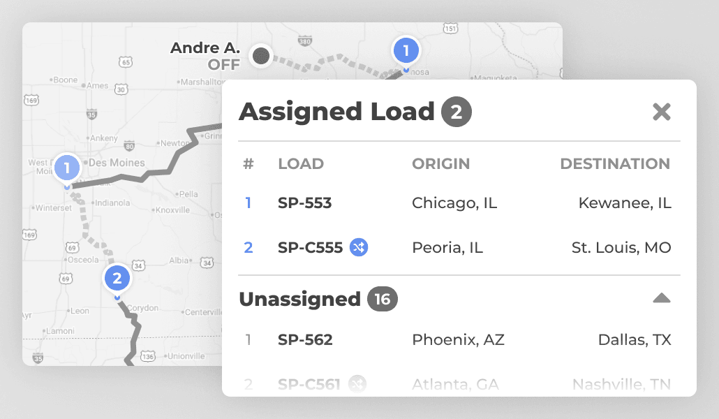 Map and assigned load list for managing multiple active dispatches