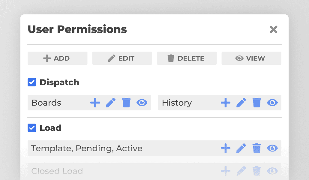 User permissions panel with role-based dispatch and load access controls