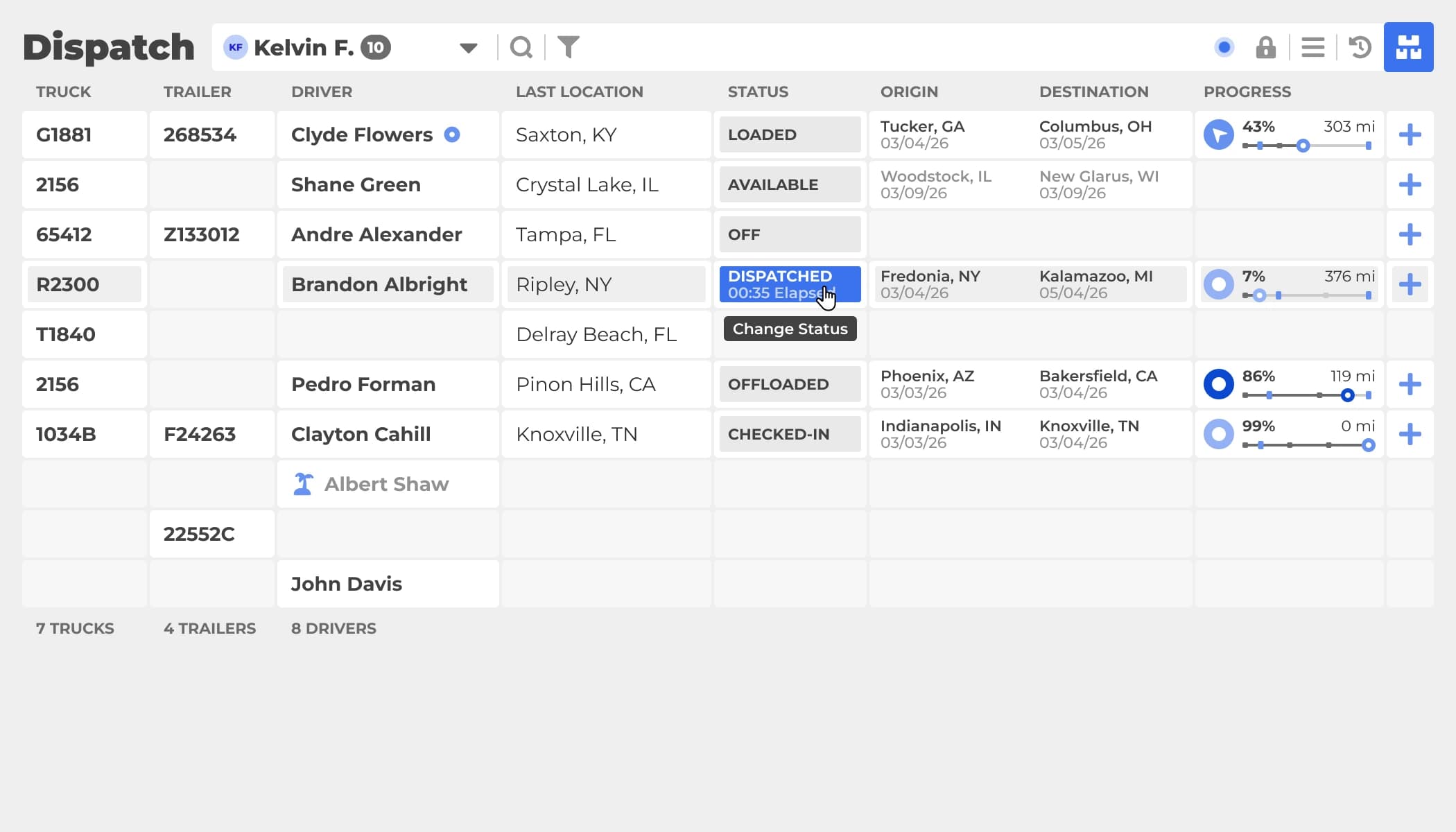 Carrier dispatch board showing active loads and fleet status