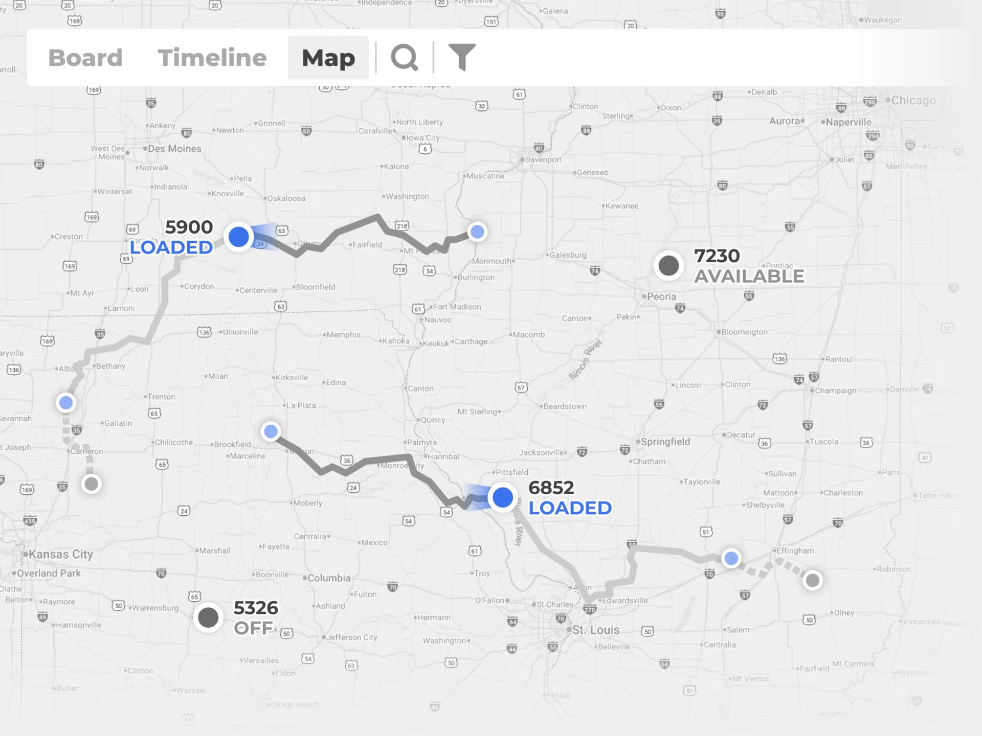 Map view of active truck routes and load locations