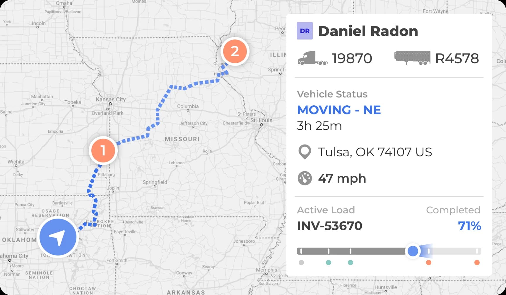 Interactive load tracking map with route overview, pickup details, and trip distance analytics.