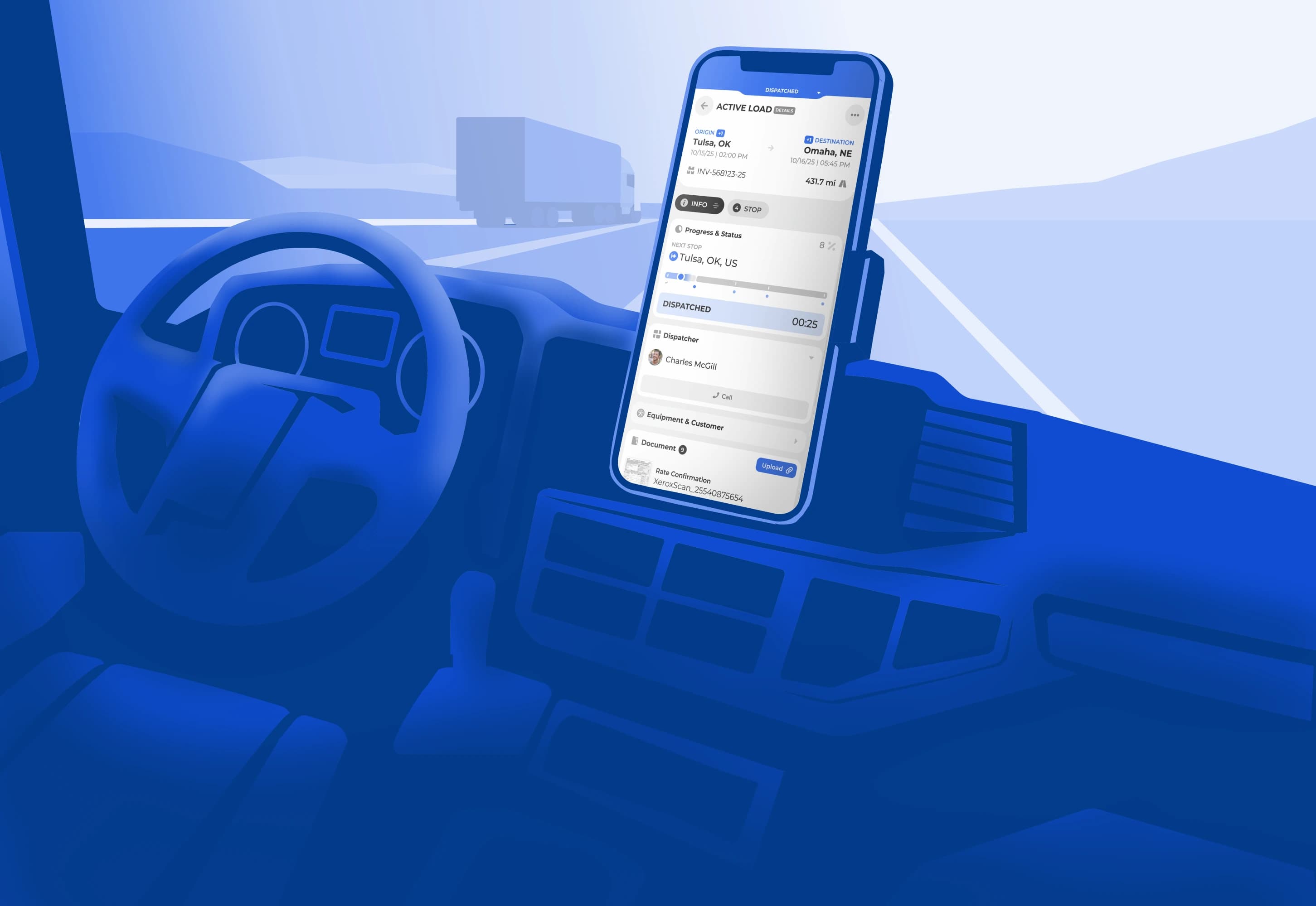 Driver mobile app for tracking loads, updating trip status, and managing dispatch tasks on the road.