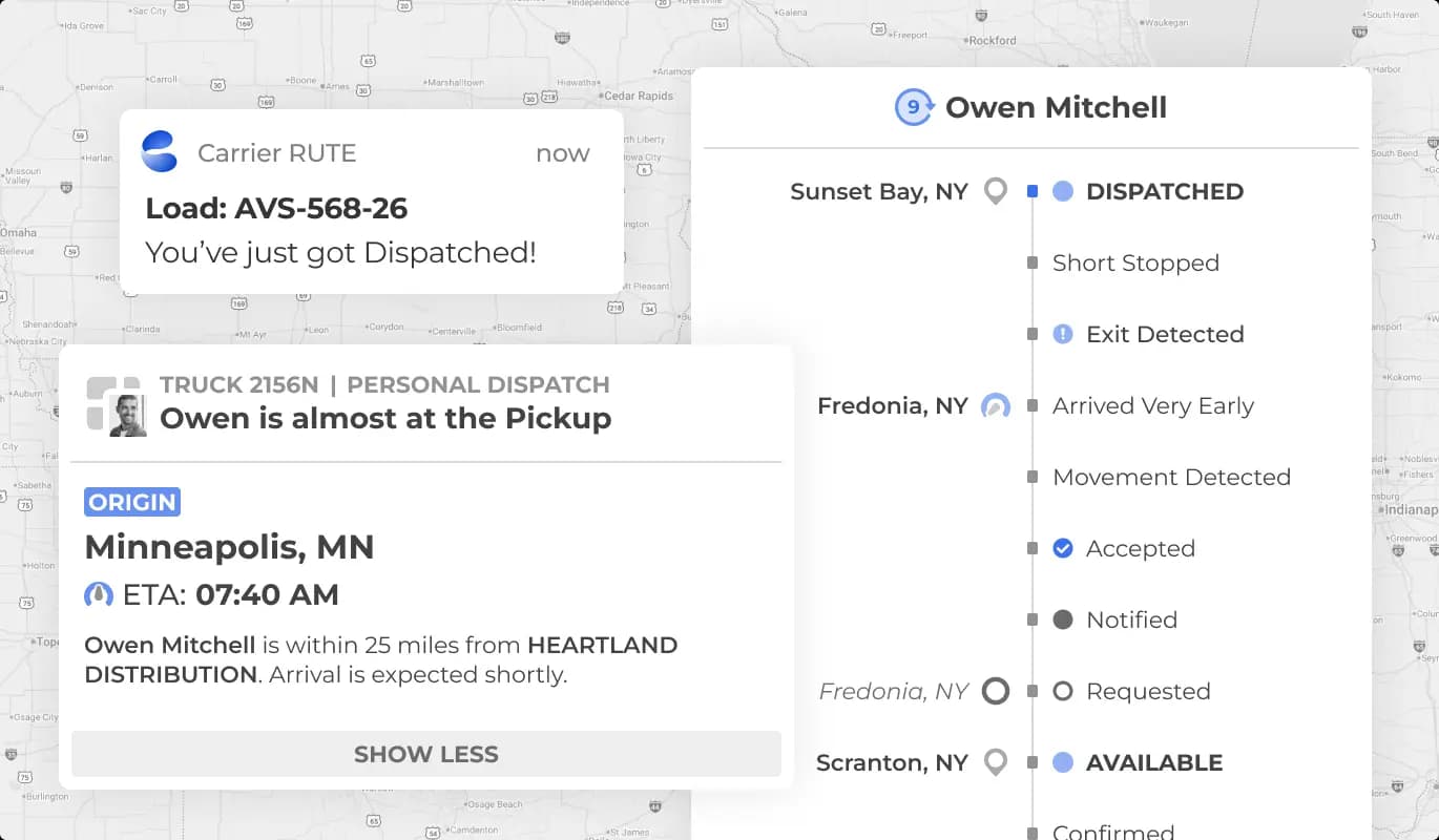 Dispatch and arrival notifications with driver status timeline