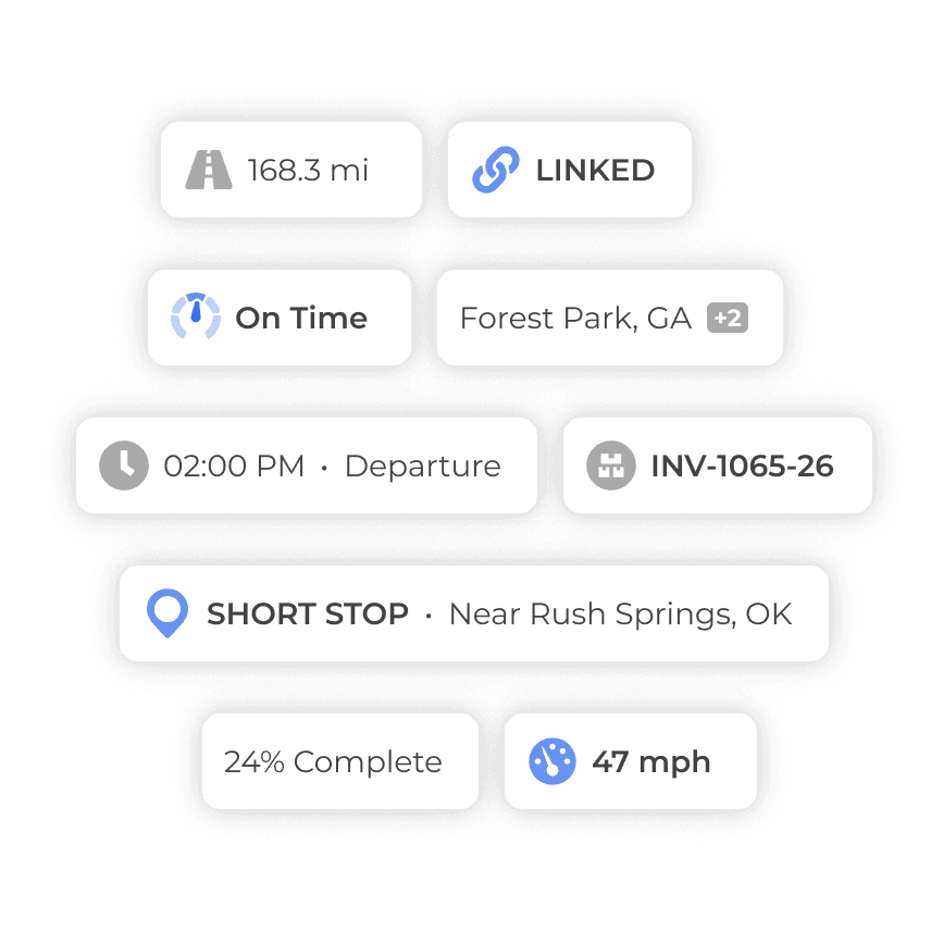 Fleet telematics chips showing mileage, timing, stops, and load progress