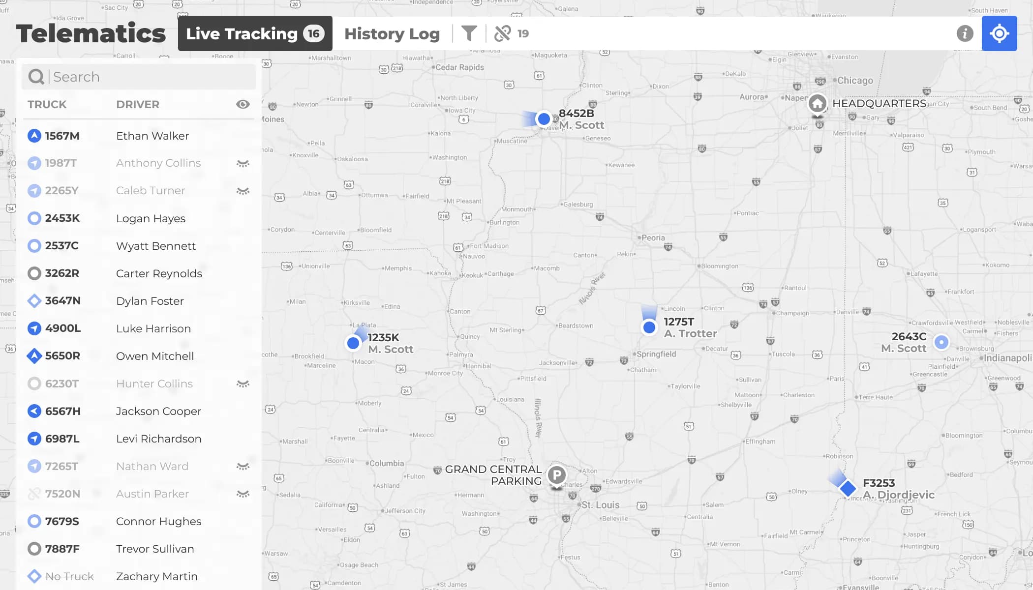 Carrier telematics dashboard showing live fleet tracking on a map