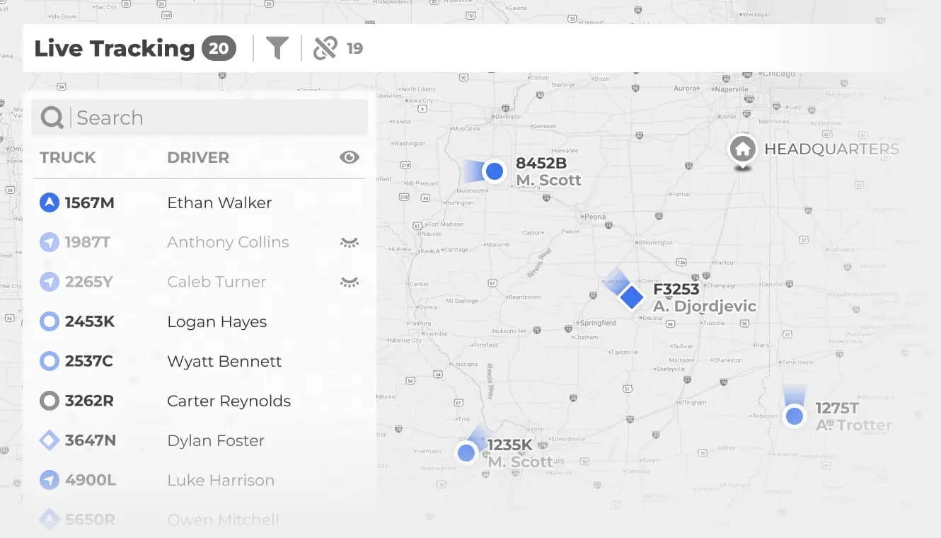 Carrier telematics dashboard showing live fleet tracking on a map