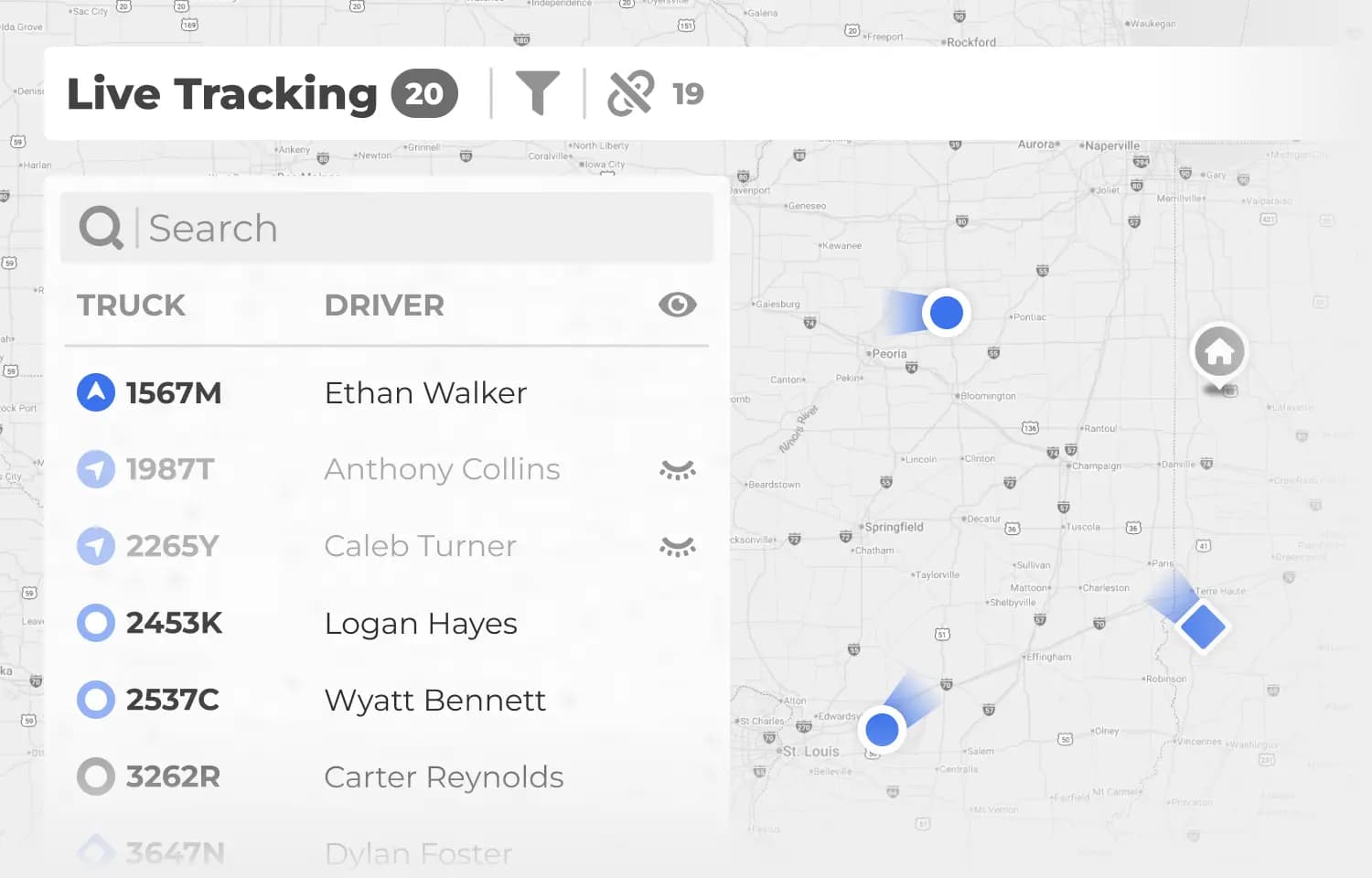 Carrier telematics dashboard showing live fleet tracking on a map