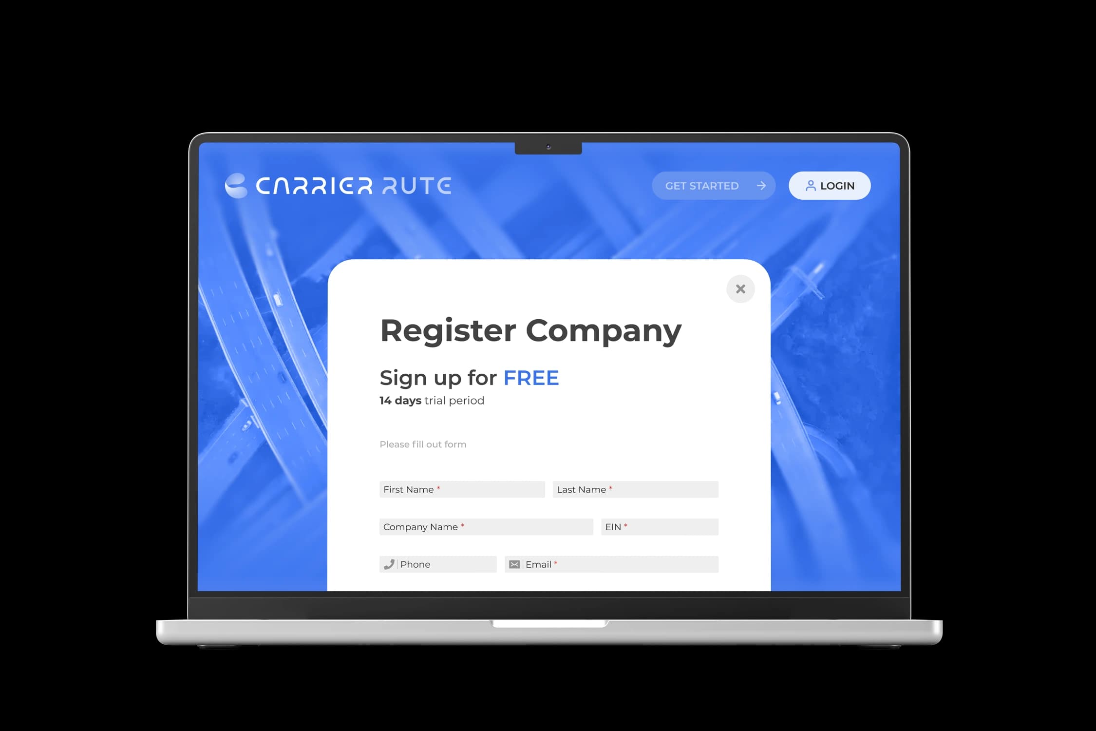Carrier Rute register company screen on laptop preview