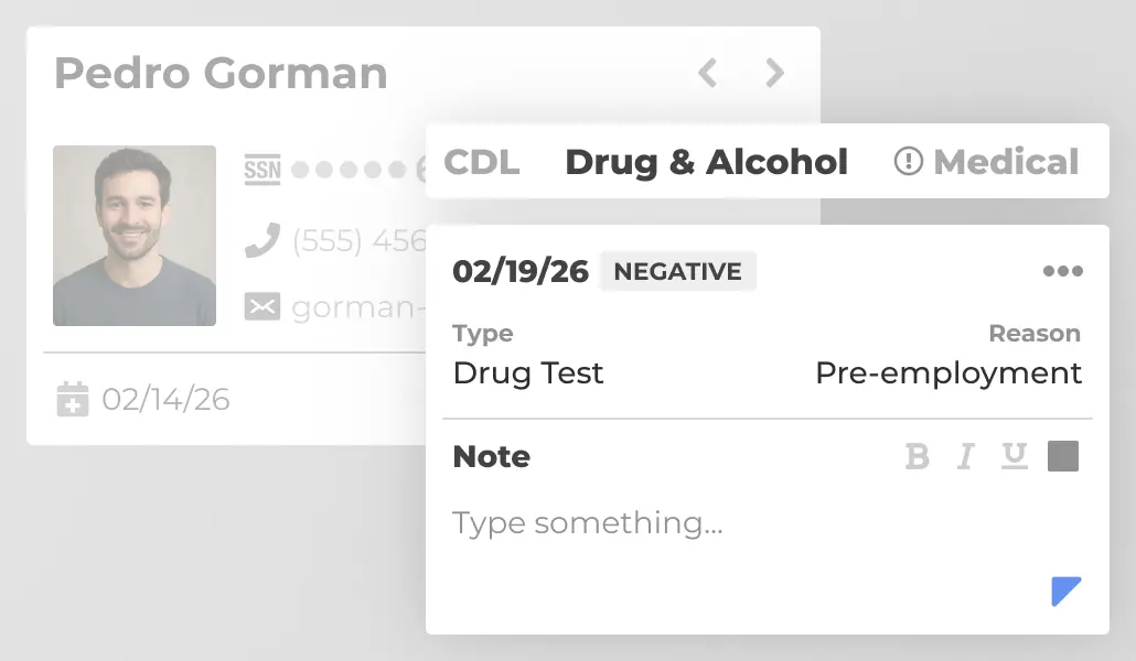 Driver compliance management for CDL, drug tests, and medical records.