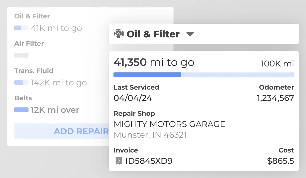 Fleet maintenance tracker showing service intervals and repair records.
