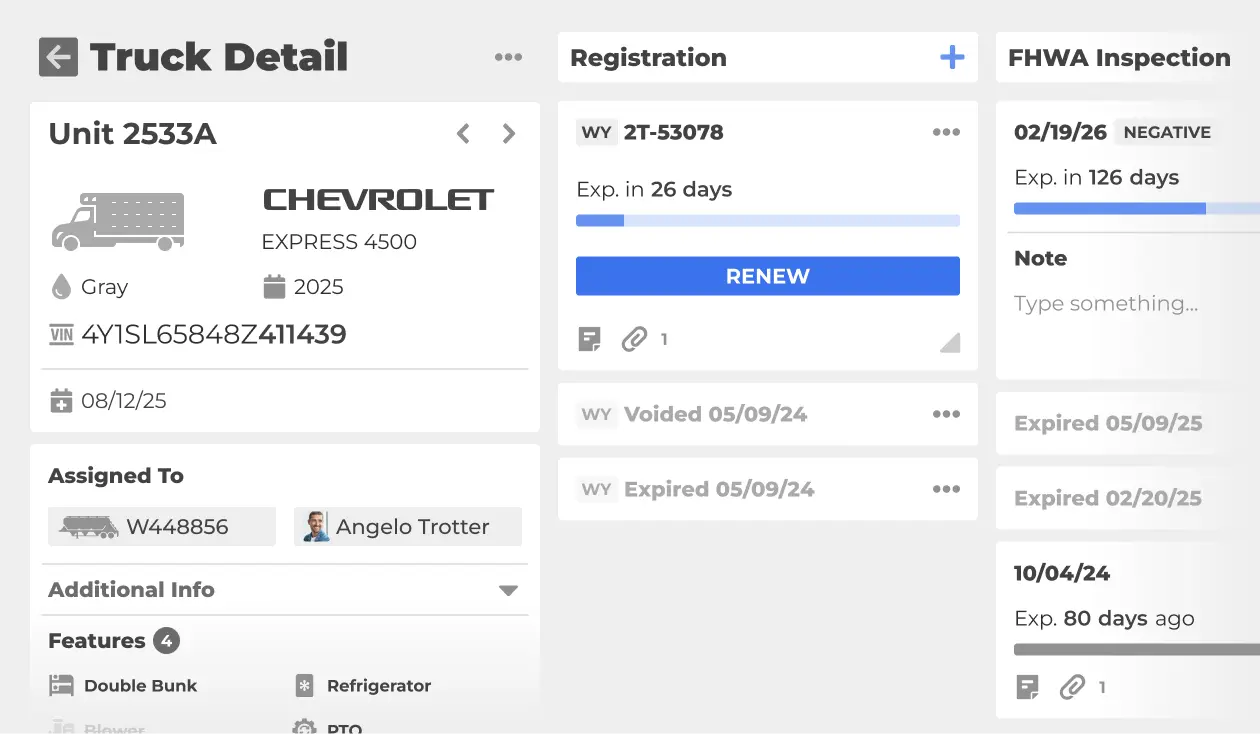 Truck and trailer equipment records with registration tracking and fleet maintenance management.