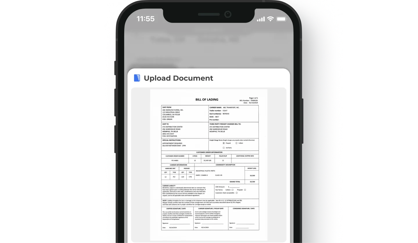 Carrier RUTE driver app document upload screen