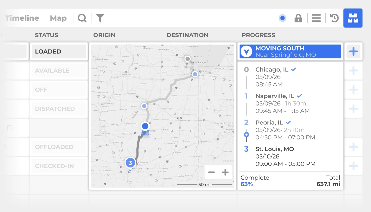 Carrier RUTE dispatch board with driver route progress