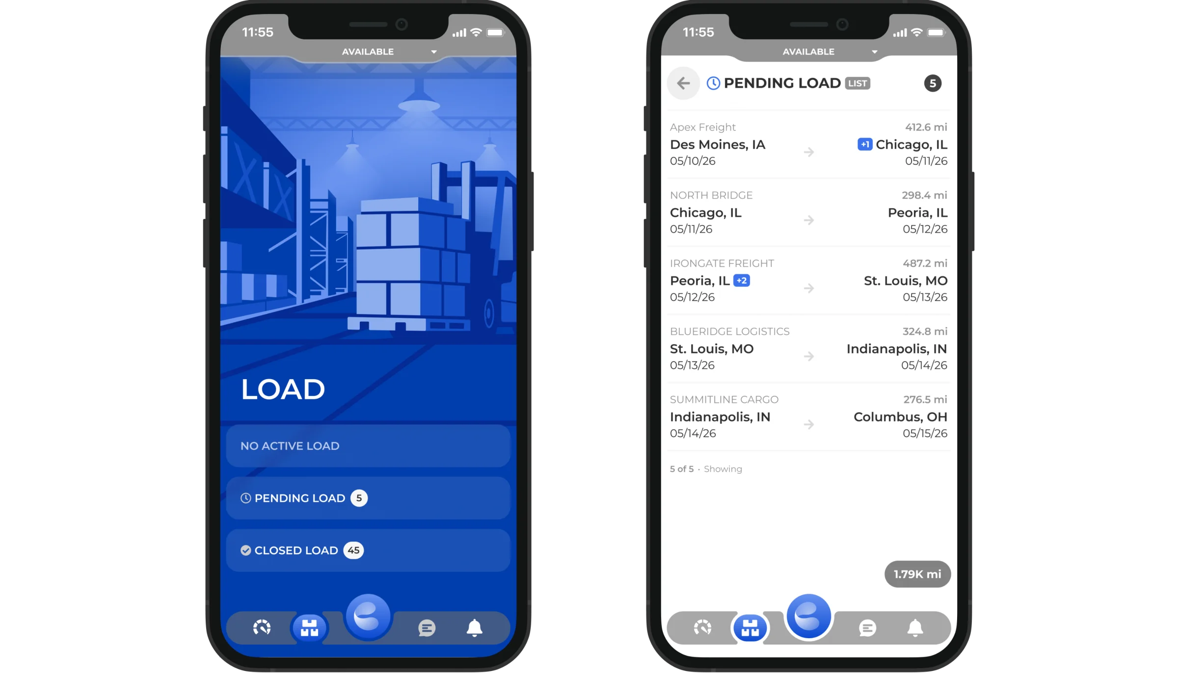 Carrier RUTE driver app load overview and pending loads screens