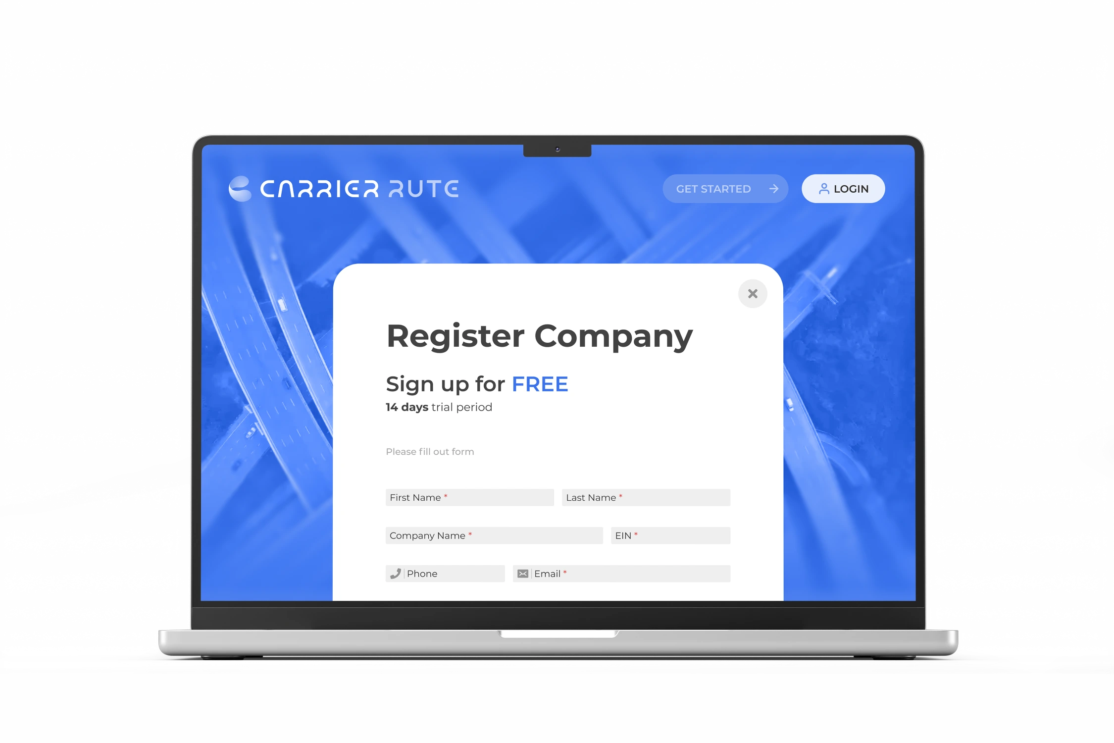 Carrier Rute register company screen on laptop preview